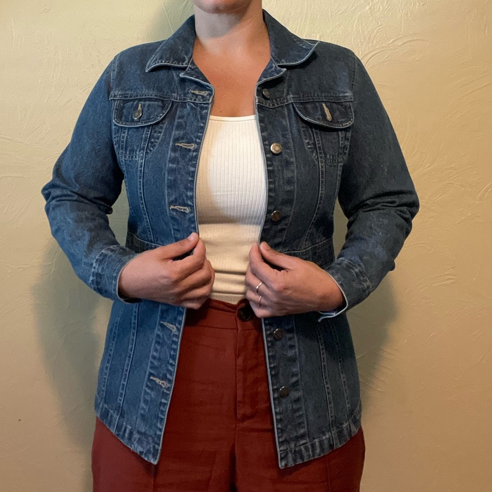 Caribbean Joe Denim Coat Jean Jacket Inset Belt Layering Dark Wash Small
